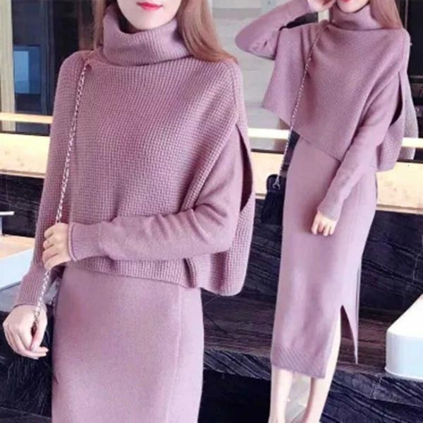 

two piece dress autumn winter knitted women's sets warm turtleneck knit vest with long sleeve fashion solid skirt outfits, White