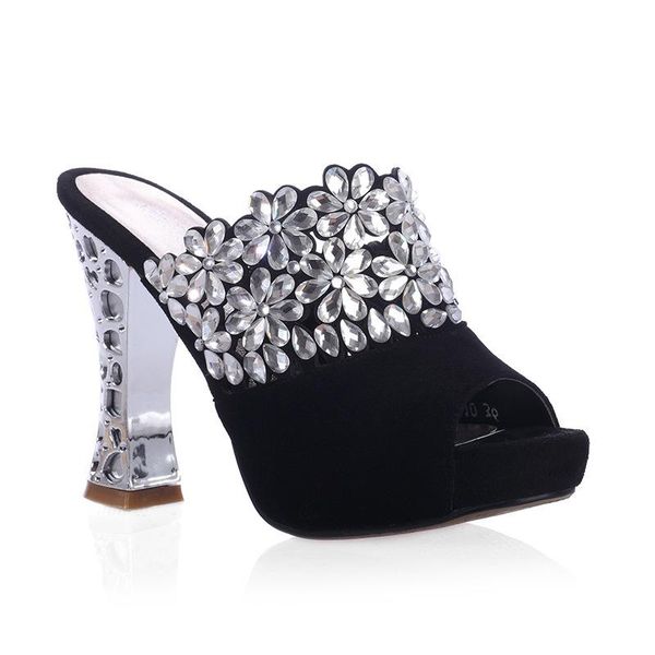 

sandals 2021 summer sheepskin rhinestone high heel, Black