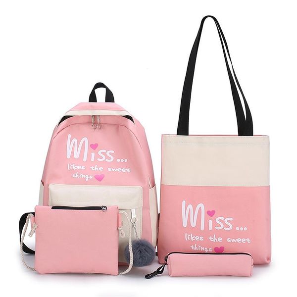 

4pcs/set patchwork color large capacity school bags pencil case tote set 15.6-inch lapbackpack travel casual rucksack