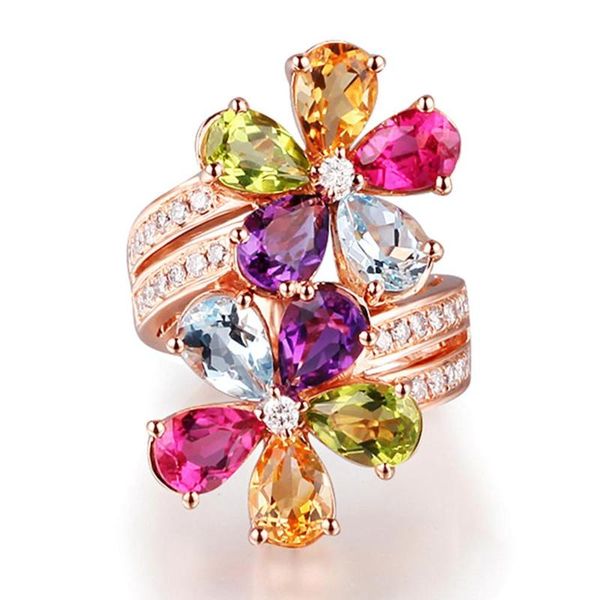 

big multicolor gemstones zircon diamonds rings for women crystal rose gold color anillos mujer luxury jewelry party accessory cluster, Golden;silver