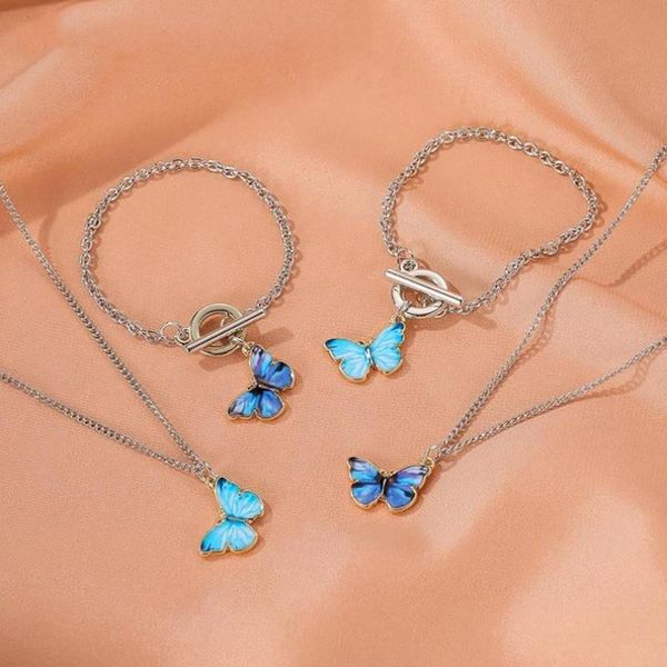 

chains 1pcs blue butterfly purple metal necklace bracelet women trendy simple wild pendant dangle clavicle chain jewelry, Silver