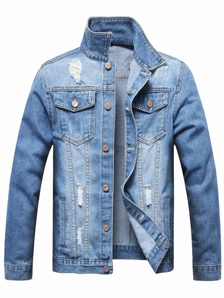 

men flap pocket ripped denim jacket q4si#, Blue