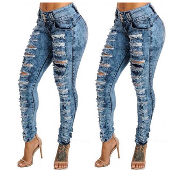 

jeans women ripped holes femme jeans thin waist pencil plus size jean pants, Blue