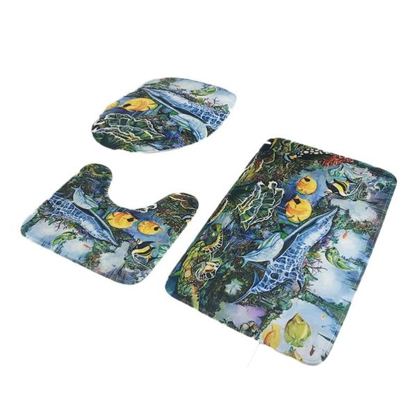 

toilet seat covers three pieces graphics bathroom mat set nonslip bath bathtub rug carpet lid cover (marine life)