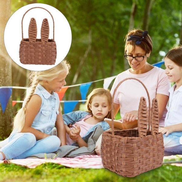 

storage baskets 1pc emulated rattan woven picnic basket kid ear hand (light brown)