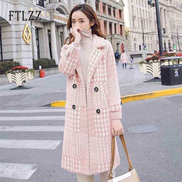 Moda xadrez de lã casaco mulheres outono inverno estilo coreano médio casaco longo casacos senhoras colarinho rosa quente outerwear 210525