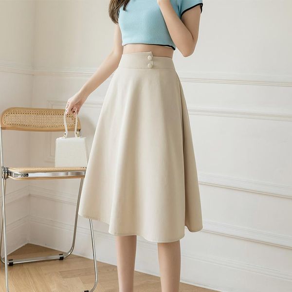 

skirts spring summer women elegant skirt ladies korean style high waist slim a-line apricot midi casual fashion mujer faldas, Black