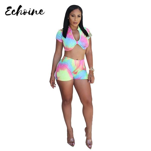 

echoine summer short 2 pieces set women tie dye print crop shorts suits plus size xxl beach sporting tracksuit blue/green women's track, Gray