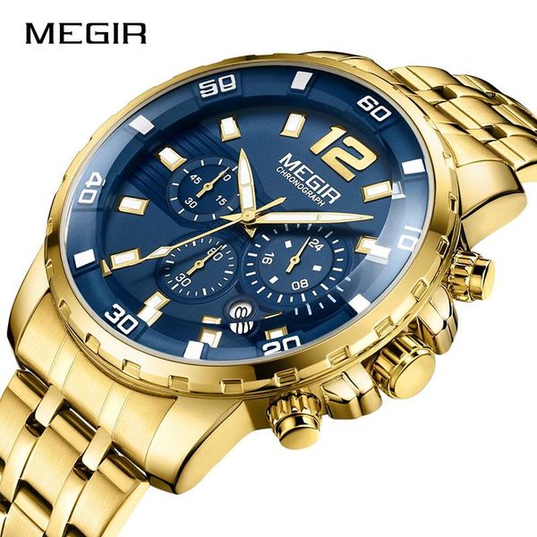 

wristwatches megir men's gold stainless steel quartz watches business chronograph analgue wristwatch for man water ressistance luminous, Slivery;brown