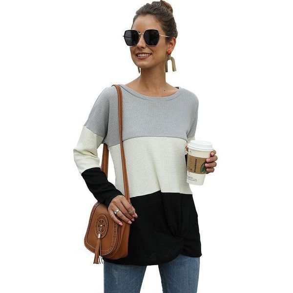 

women's t-shirt european and american cross-border products for autumn winter supply round neck long sleevethree-color stitching, White