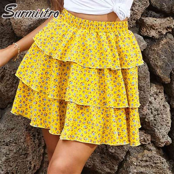 Mini Sommer Rock Frauen Mode Gelb Weiß Rüschen Blumendruck Hohe Taille Sonne Weibliche 210421