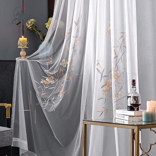 

curtain & drapes modern simple embroidery translucent chinese pure color white yarn flower curtains for living dining room bedroom