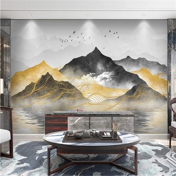 

wallpapers milofi chinese abstract artistic conception golden landscape lines tv sofa background wall painting wallpaper covering