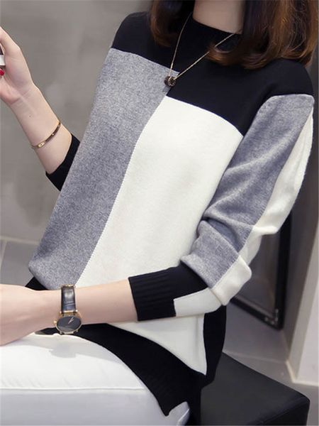 

women's sweaters large size sweater spring autumn splice color block pullover female casual knitwear bottoming shirt g634 ym, White;black
