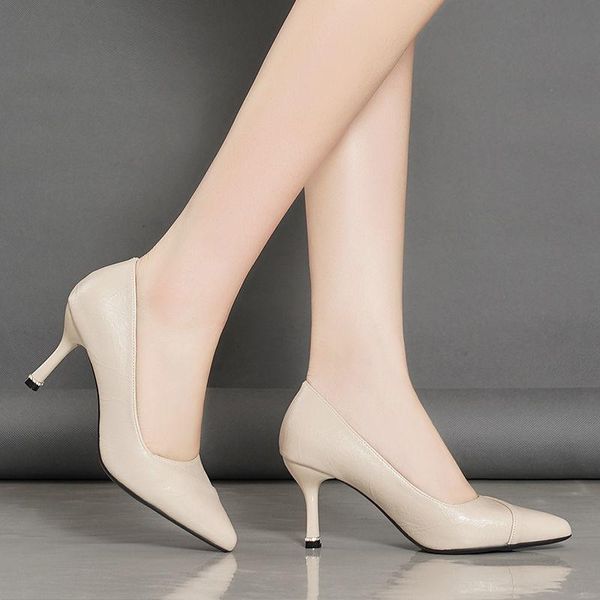 

dress shoes soft leather professional high heels 2021 spring and autumn pointed toe stiletto work single all-match sole mid-h, Black