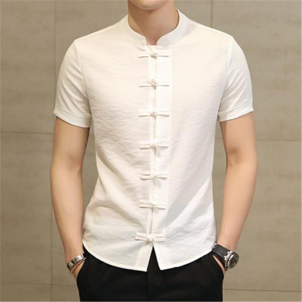 

men's casual shirts chinese style button solid short sleeve shirt slim linen clothes zy07, White;black