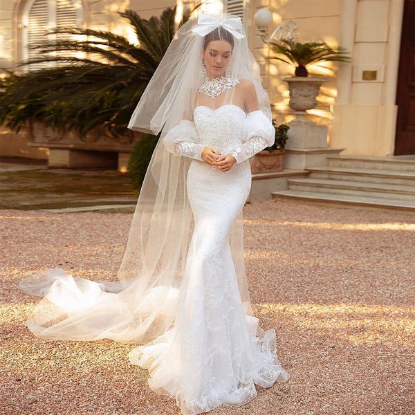 Словочные рукава с съемным поездом свадебные платья русалка свадебные платье кружевные аппликации Sheer Top Castle Vestidos