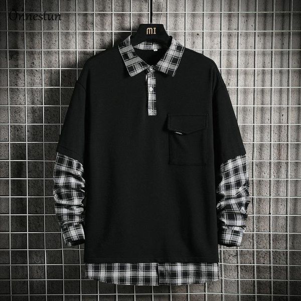 

men's hoodies & sweatshirts onnestun men pullover streetwear hip-hop shirt stitching fake two sweatshirt harajuku clothing, Black