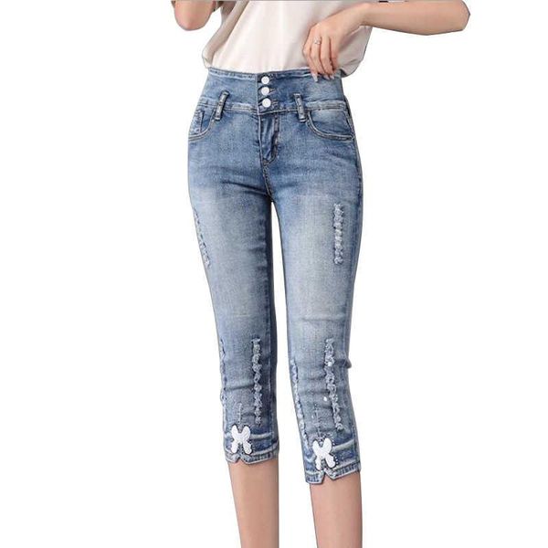 

women's jeans 2021 summer high waist skinny capris woman female stretch knee length denim pencil pants, Blue