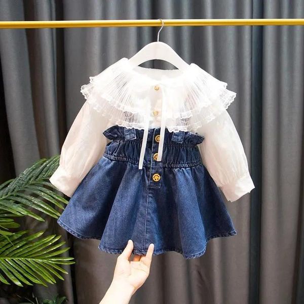 

girl's dresses korean girl spring dress lace pleated stand collar shirt denim skirt suit autumn baby fashion all-match, Red;yellow