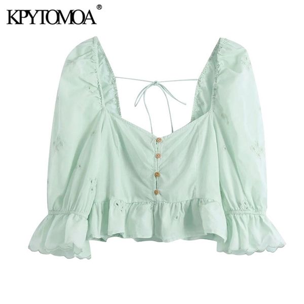 

women fashion hollow embroidery ruffled cropped blouses puff sleeve back elastic female shirts chic 210420, White