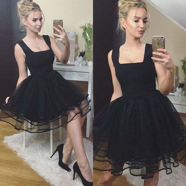 

little black cocktail dresses spaghetti square neck women club wear party gowns zipper back tulle short prom dress