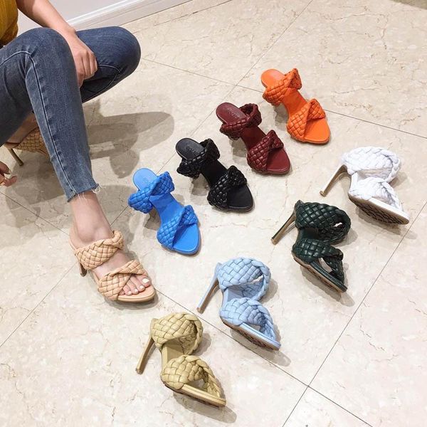 

slippers 2021 summer fashion woven one line thin heel high large size sandals for women, Black