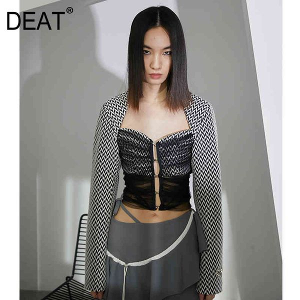 

loose fit black striped mesh short jacket square collar long sleeve women coat fashion spring autumn gx591 210421, Black;brown