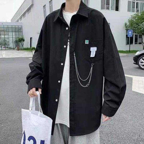 

men's casual shirts hong kong style long-sleeved shirt spring and autumn tide brand loose ins trendy handsome all-match jac, White;black