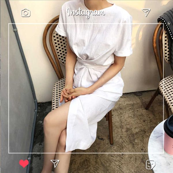 Verão coreano chique solto casual branco o pescoço manga curta split tshirt vestido mulheres bandagem plissada elegante vestido de mujer 210610