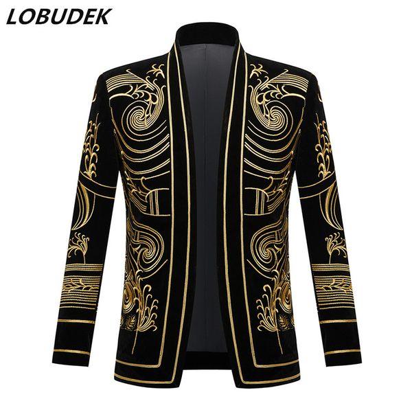 

men's vintage gold embroidered velvet blazer england style plus size suit jacket singer stage performance costume bar dj tuxedo, White;black