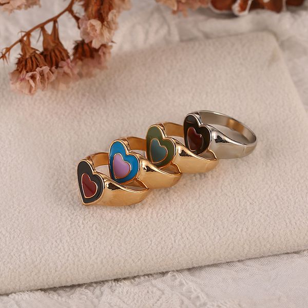 

double layer love rings for women sweet open ring dripping oil heart-ring color summer carnival party jewelry, Golden;silver