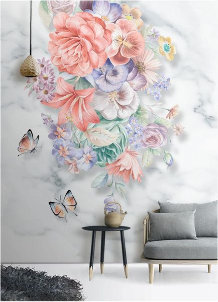 

wallpapers ainyoousem hand painted flowers butterfly marble pattern background papel de parede wallpaper 3d stickers
