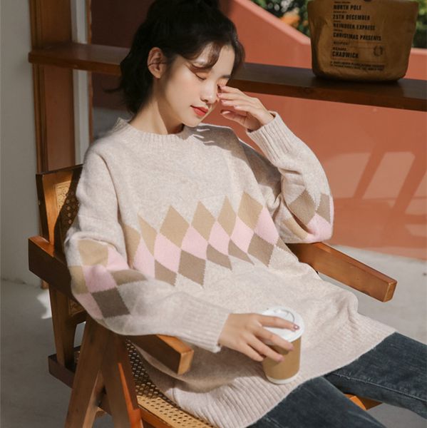 

autumn winter women's comfortable simplicity round neck long sleeve retro diamond pattern pullover knitted sweater 210520, White;black