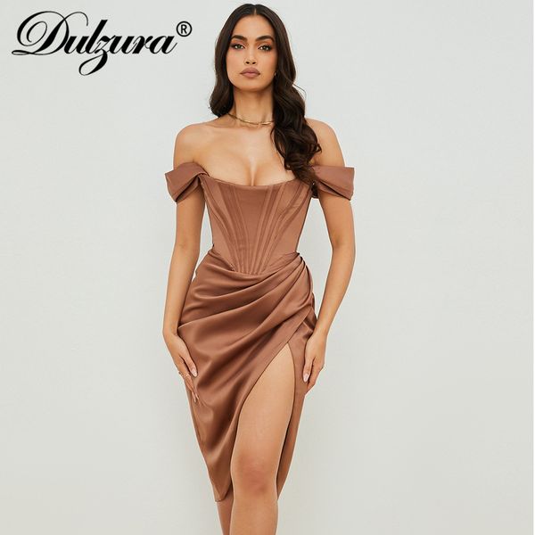 

2021 summer women pure satin corset midi dress off shoulder high slit ruched bodycon elegant party solid clotheshigh quality, Black;gray