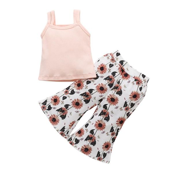 

clothing sets baby girl pants set solid color camisole vest sunflower flower printed wide leg, White