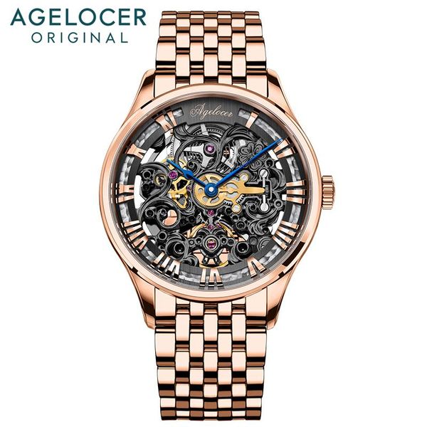 

wristwatches agelocer brand automatic self-wind sapphire rose gold watch skeleton luxury design men, Slivery;brown