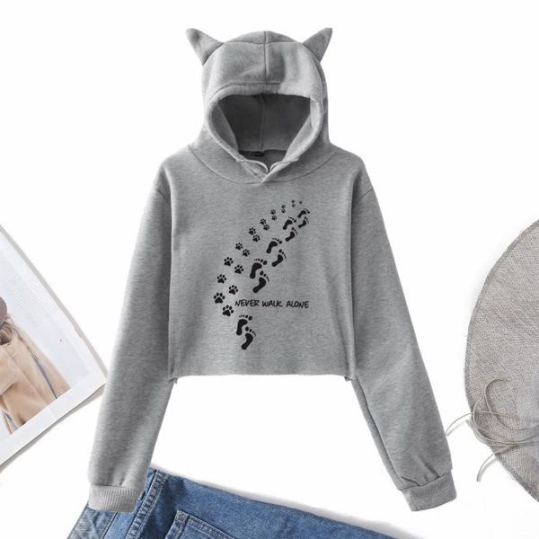 

footprint print gray women short sweatshirts long sleeve autumn winter female hoodies with ear fashion ladies pullover crop women's &, Black