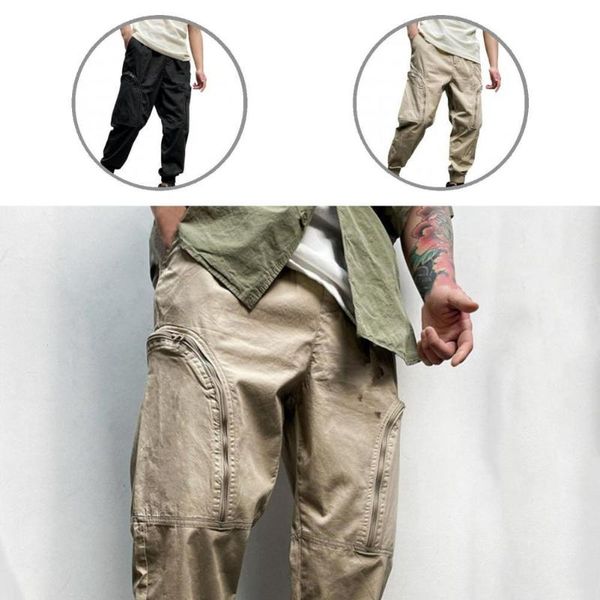 

men's pants clothes cool mid waist zipper men trousers elastic cargo loose for autumn, Black