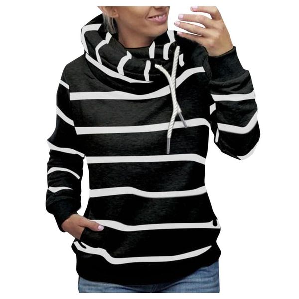 

women's hoodies & sweatshirts casual striped print vintage hoodie for women autumn turtleneck sweatshirt drawstring long sleeve pullove, Black