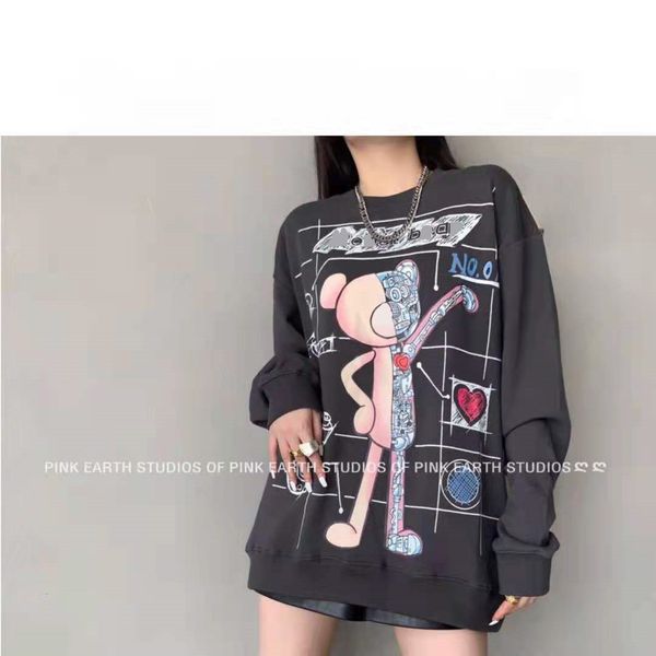 

brand hoodie 2021 early autumn 13de new mechanical splicing letter bear illustration loose casual men's and women's same sweater, Black