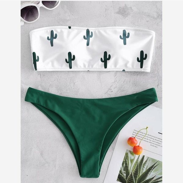 

women's swimwear bandeau green push up swimsuit female cactus print bikini bathing suit beach bathers biquini micro set fashion, White;black
