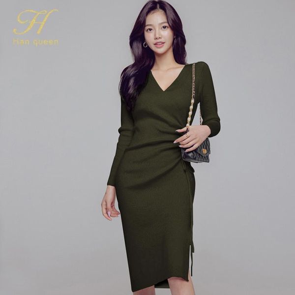 

han queen women slim stretch drawstring knitted dresses office bodycon pencil sheath dress elegant simple bottoming vestidos casual, Black;gray