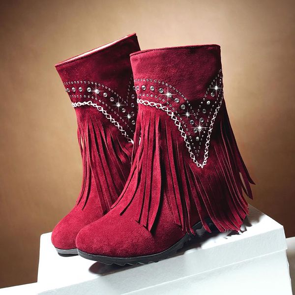 

boots women fringes slip on comfort mid-calf rhinestone shoes woman winter snow plus size 34-43, Black