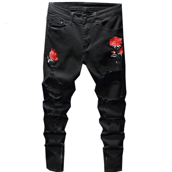 

men's jeans black pierced jeans with roses 59no, Blue
