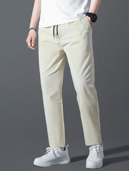 

men slogan patched detail drawstring waist pants f7kj#, Black