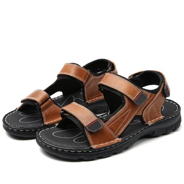 

sandals handmade leather mens casual shoes summer beach man flats retro outdoor walking male sport sneakers footwear 38-48, Black