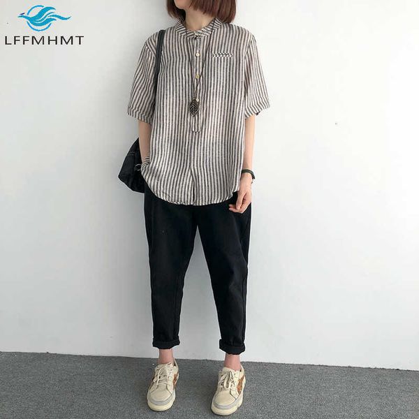 

women's blouses & shirts women summer fashion short sleeve striped female casual lapel blouse office lady cotton linen slim fit vintage, White