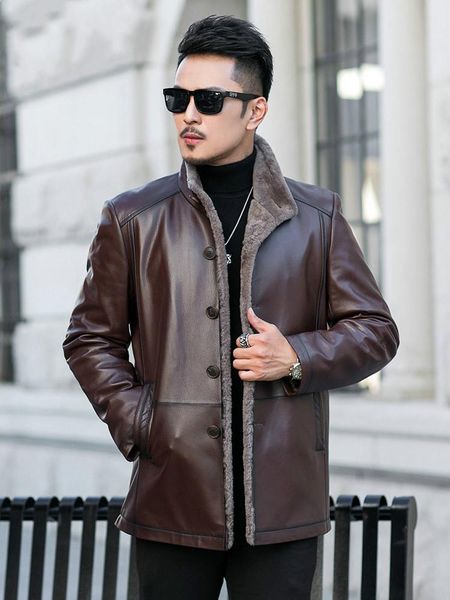

men's leather & faux 2021 winter genuine jacket shearling coat for men warm real wool fur chaqueta cuero hombre jm-zlh92842 pph547, Black