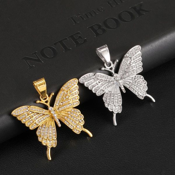 

big gold plated butterfly pendant&necklace cz stones inlay hip hop trendy copper jewelry gifts for men&women fashion pendant necklaces, Silver